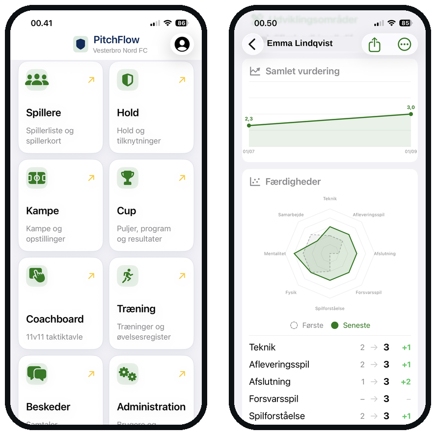 PitchFlow iOS-app: klubbens moduler og spillerens udvikling