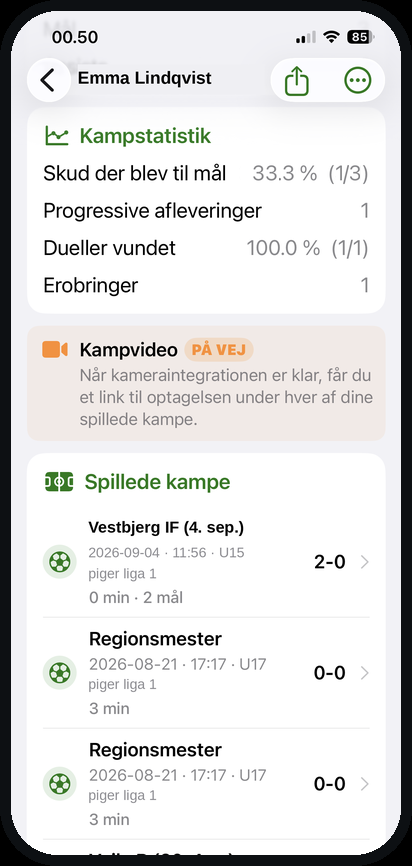 Kampstatistik og spillede kampe på spillerkortet