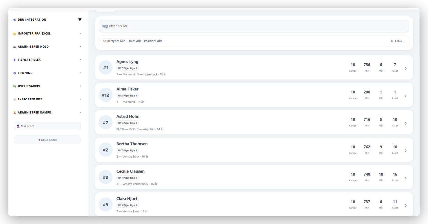 PitchFlow webplatform: klubbens spillerliste med kampe, spilletid, mål og assists